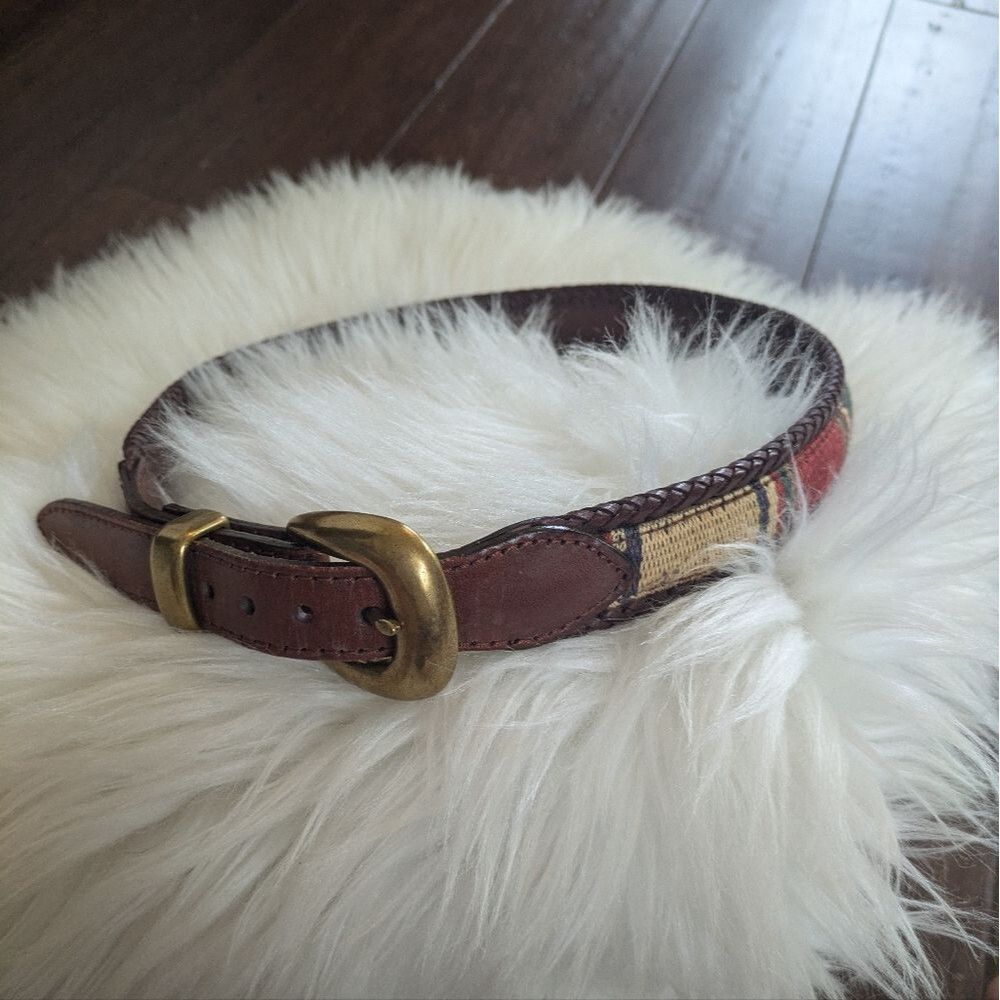 LL Bean Kilim Braided Brown Leather Woven Killim Belt Gold Buckle S Small 31-32"